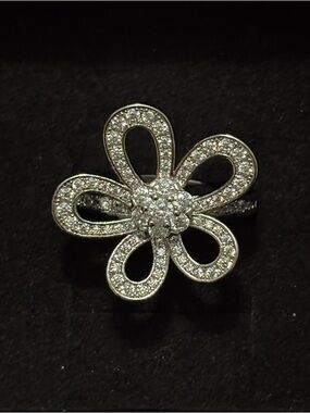 Anthropologie Silver & Diamond Flower Cocktail Ring